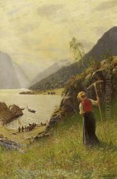 Wedding Procession Along The Riverside Of The Fjords Oil Painting by Hans Dahl