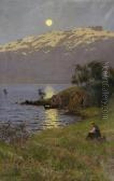 Midnight Sun Over The Fjord Oil Painting by Hans Dahl