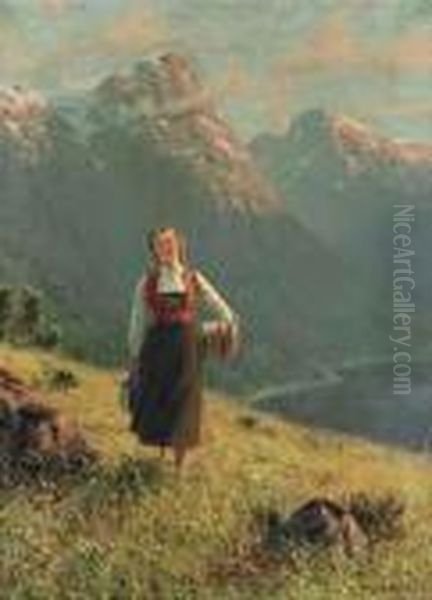 A Young Girl By A Fjord Oil Painting by Hans Dahl