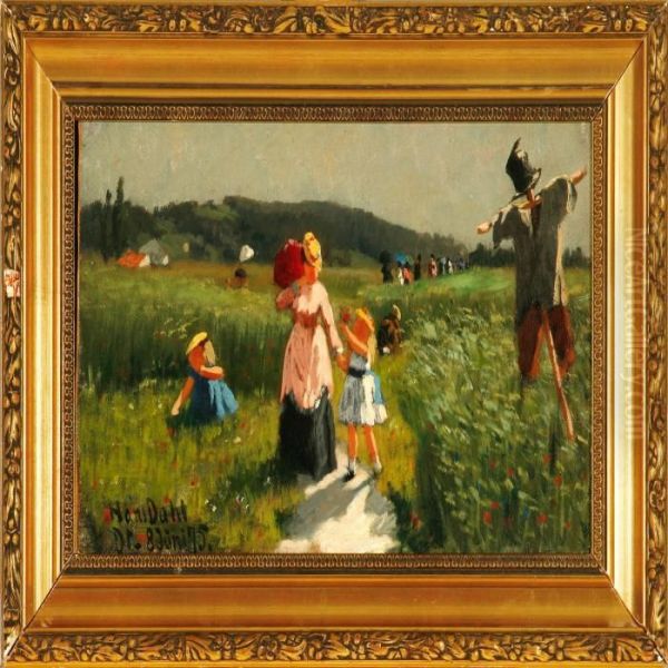 Women With Sunshades Strolling In A Field Oil Painting by Hans Dahl