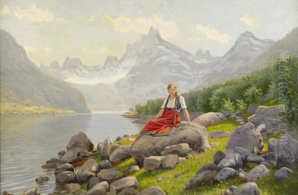 Flicka I Fjordlandskap Oil Painting by Hans Dahl