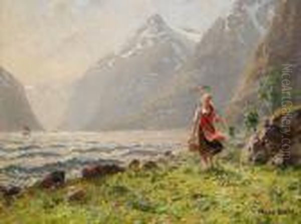 Fjordlandskap Med Vandrande Flicka Oil Painting by Hans Dahl