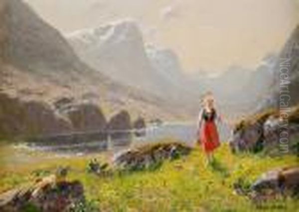 Fjordlandskap Med Vandrande Flicka Oil Painting by Hans Dahl