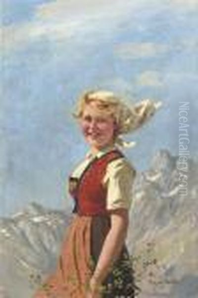 A Blushing Girl On A Mountain Top Oil Painting by Hans Dahl