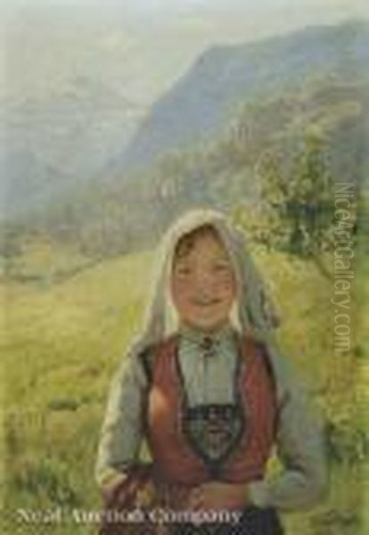 Young Girl In Festiveregional Costume, In A Meadow With Farm And Mountains Behind Oil Painting by Hans Dahl