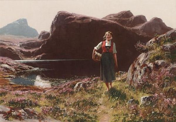 A Girl On A Sunlit Track Before A Fjord Oil Painting by Hans Dahl