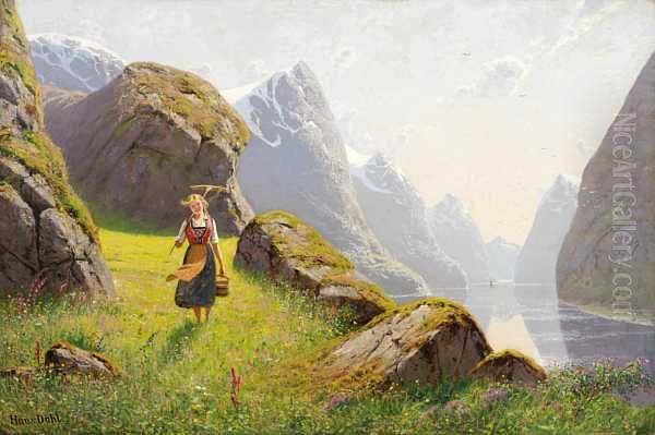 Sommer Ved Fjorden Olje Pa Lerret Oil Painting by Hans Dahl