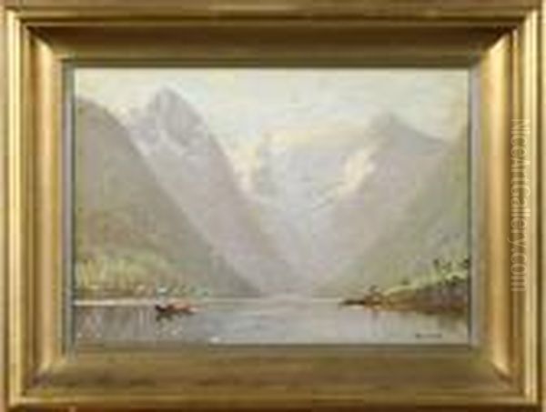 Fjordlandskap Med Bat, Signerad Hans Dahl Oil Painting by Hans Dahl