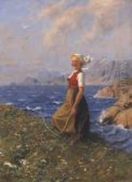 Madchen Mit Sense Vor Einem Norwegischen Fjord Oil Painting by Hans Dahl