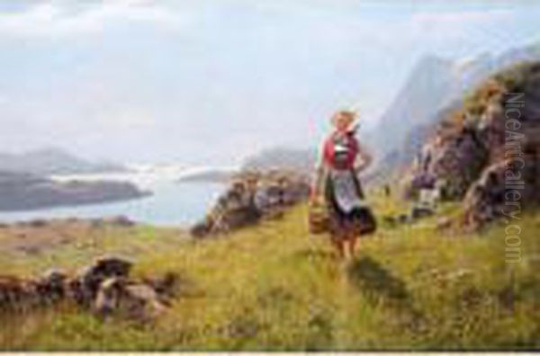 Seterjente (mountain Shepherdess) Oil Painting by Hans Dahl