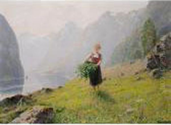 Grensanking Ved Fjorden (gathering Leaves By A Fjord) Oil Painting by Hans Dahl