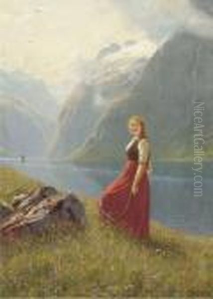 A Young Harvester At A Sunlit Fjord Oil Painting by Hans Dahl