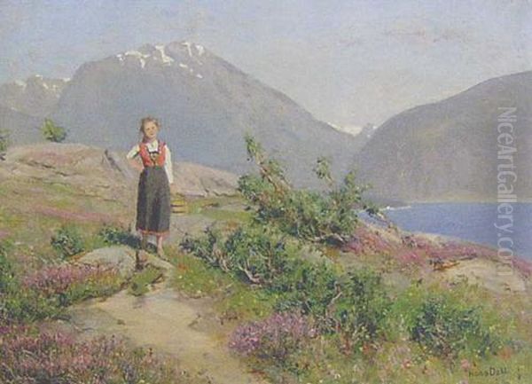 Young Girl By A Fjord Oil Painting by Hans Dahl