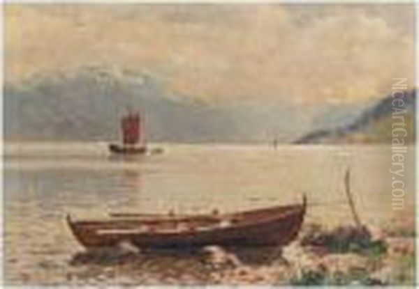 View Of A Fjord; Scetch Of A Shed Oil Painting by Hans Dahl