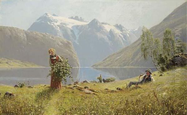 A Summer Day By The Fjord Oil Painting by Hans Dahl