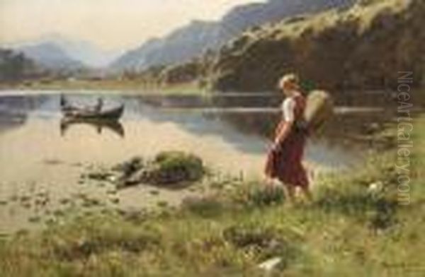 Rowing Ashore Oil Painting by Hans Dahl