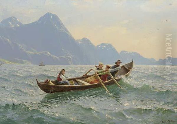 Crossing The Fjord Oil Painting by Hans Dahl