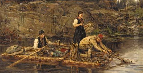 Fishing From A Raft Oil Painting by Hans Dahl