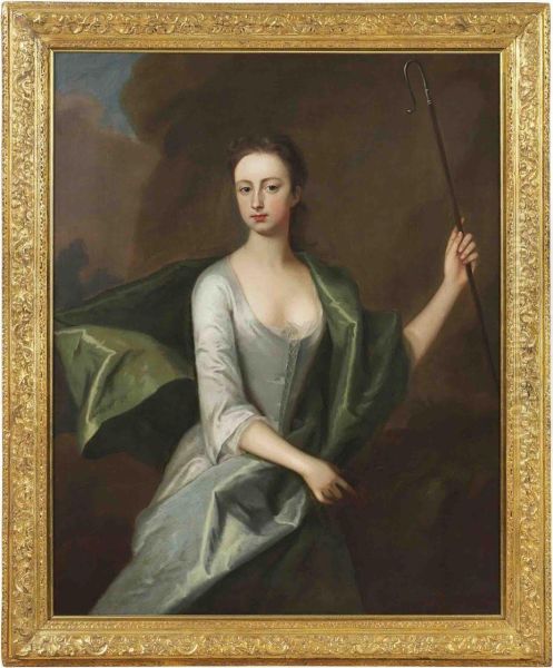 Portrait Of A Lady, 
Three-quarter-length, In A Grey Dress With A Blue Wrap, Holding A 
Shepherd's Crook Oil Painting by Michael Dahl