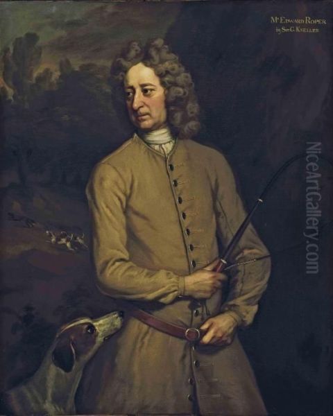 Portrait Of Edward Roper, Master
 Of The Charlton Hunt, Three-quarter-length, In A Buff Coat, Holding A 
Whip, With A Hound At His Side And Hounds Pursuing A Fox Beyond With 
Identifying Inscription 'm 
R 
. Edward Roper By Sir. G. Kneller.' Oil Painting by Michael Dahl