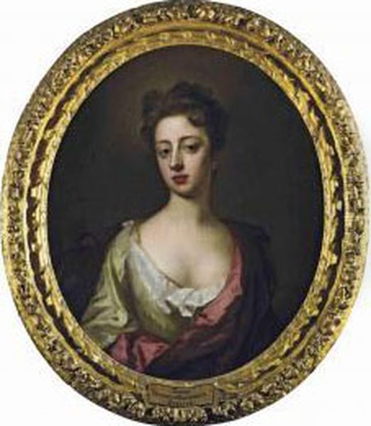 Portrait Of Sarah, Duchess Of 
Marlborough, Half-length, In A Green Dress And A Pink Mantle Oil Painting by Michael Dahl