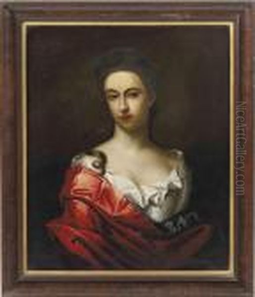 Portrait Of A Lady, Bust-length, In A Red And Blue Silk Wrap Oil Painting by Michael Dahl