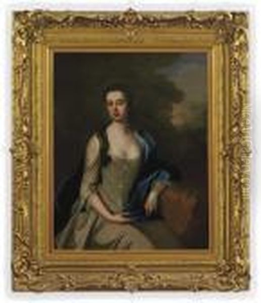 Portrait Of A Lady, 
Three-quarter-length, In A White Dress With Ablue Wrap, Seated In A 
Wooded Landscape Oil Painting by Michael Dahl