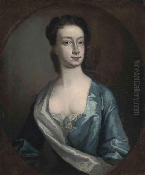 Portrait Of Mary, Daughter Of 
Hamilton Townley (b. 1673),half-length, In A Blue And White Silk Dress, 
In A Feignedoval Oil Painting by Michael Dahl