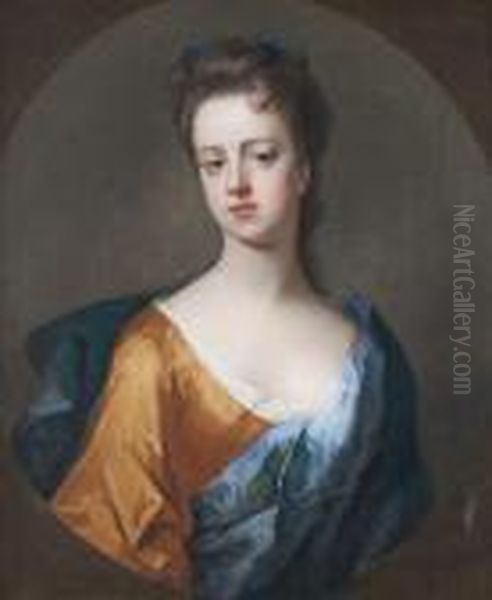 Portrait Of A Lady, Said To Be 
Lady Hunsdon, Half-length, In A Gold Dress, A White Chemise And A Blue 
Shawl, Within A Painted Oval Oil Painting by Michael Dahl