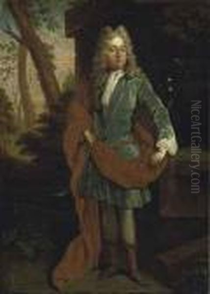 Portrait Of A Gentleman, Small Full-length, In A Blue Coat Andbrown Wrap, In A Landscape Oil Painting by Michael Dahl