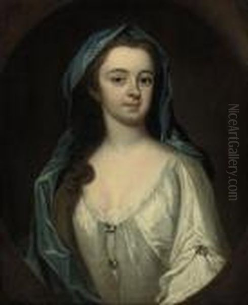 Portrait Of A Lady, Half-length, In A White Dress And Blue Mantle,in A Feigned Oval Oil Painting by Michael Dahl