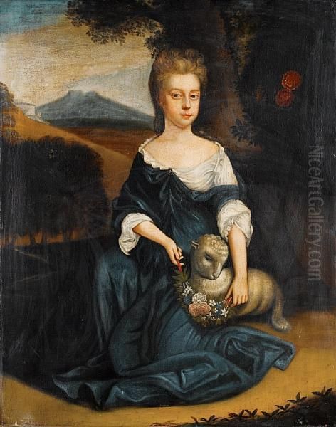 Portrait Of A Girl, Full-length, In A Silkblue Gown, As Saint Agnes Oil Painting by Michael Dahl