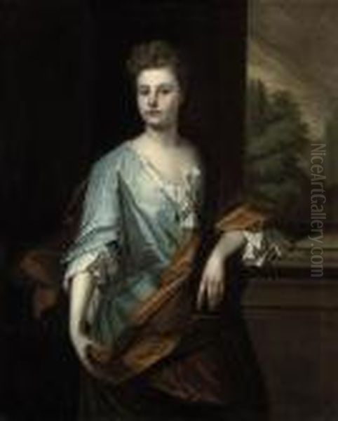 Portrait Of A Lady Traditionally
 Identified As Mrs Edmondson,three-quarter Length, Standing In A Blue 
Dress With A Rust Wrap, Alandscape Beyond Oil Painting by Michael Dahl