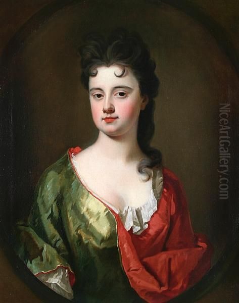 Portrait Of Mary Purg (mrs 
Thomas Walford), Wearing A Green Dress With Red Undergarment, In A 
Feigned Oval Oil Painting by Michael Dahl