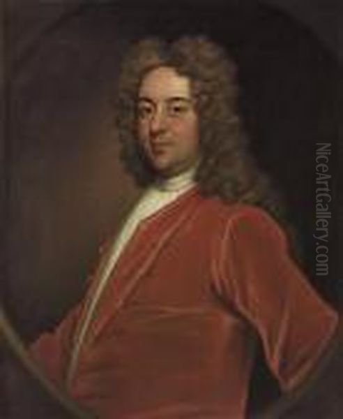 Portrait Of A Gentleman, Half-length, In A Red Velvet Coat, In Afeigned Oval Oil Painting by Michael Dahl