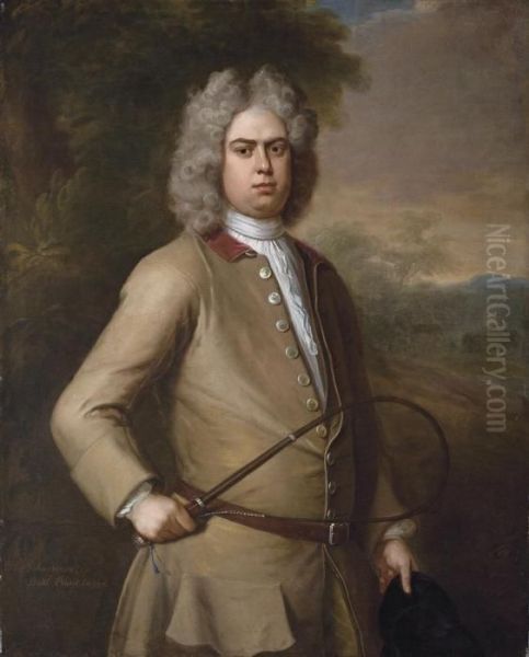 Portrait Of John Sutton, 
Three-quarter-length, In A Buff Coat,holding A Riding Crop And Hat, A 
Country House Beyond Oil Painting by Michael Dahl