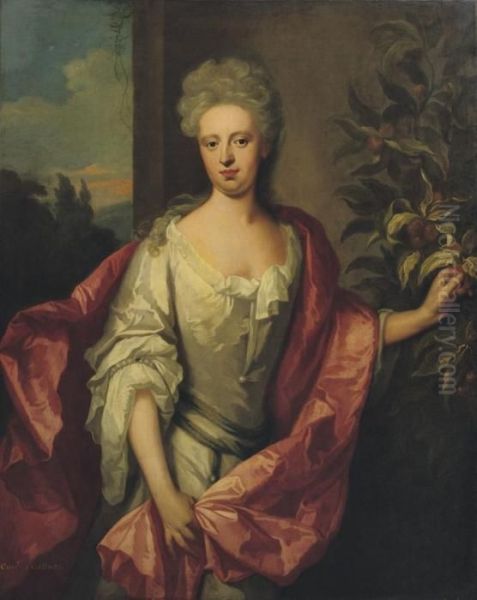 Portrait Of A Lady, Said To Be 
The Countess Of Gallway,three-quarter-length, In A White Dress And Red 
Wrap, Standing Infront Of A Wall Picking Fruit, A Landscape Beyond Oil Painting by Michael Dahl