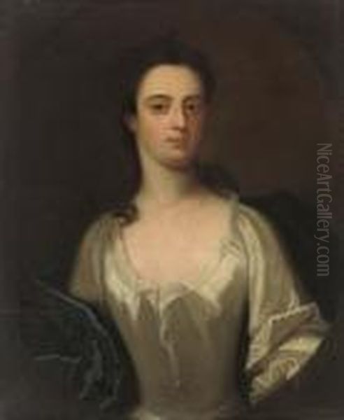 Portrait Of A Lady, Half-length,
 In An Oyster Satin Dress With Ablue Wrap, In A Feigned Oval Oil Painting by Michael Dahl