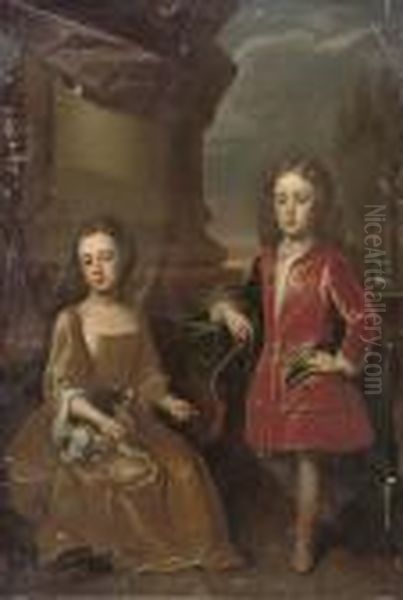 Double Portrait Of Dudley North,
 With His Sister Anne, Full-length, The Former In A Red Velvet Coat And 
Blue Wrap, The Latter Seated In A Yellow Dress With A Spaniel, A 
Landscape Beyond Oil Painting by Michael Dahl