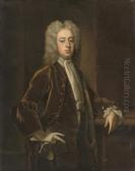 Portrait Of A Gentleman, Three-quarter-length, In A Brown Velvet Coat Oil Painting by Michael Dahl