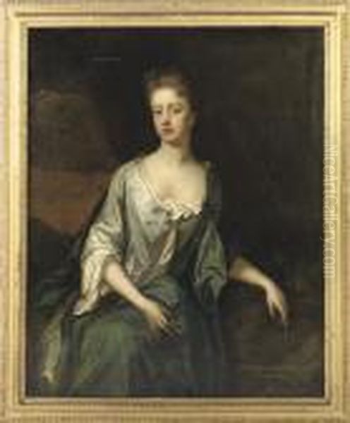 Portrait Of A Lady, 
Traditionally Identified As Mrs. Mary Finch, Three-quarter-length, In A 
Grey Dress With A Blue Wrap Oil Painting by Michael Dahl