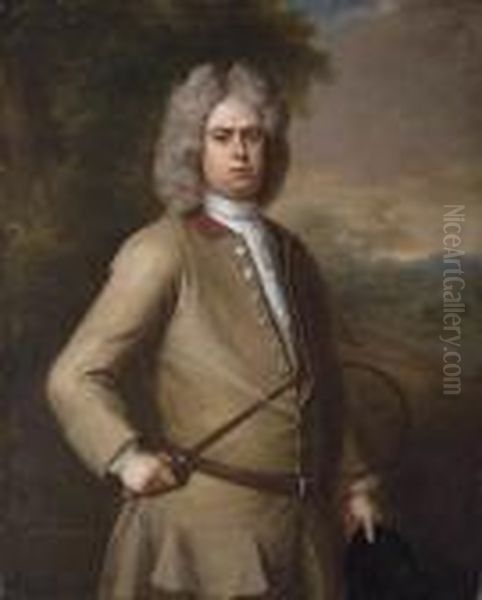 Portrait Of John Sutton, 
Three-quarter-length, In A Landscape, Wearing A Buff Coat And Holding A 
Riding Crop And Hat, A Country House Beyond Oil Painting by Michael Dahl