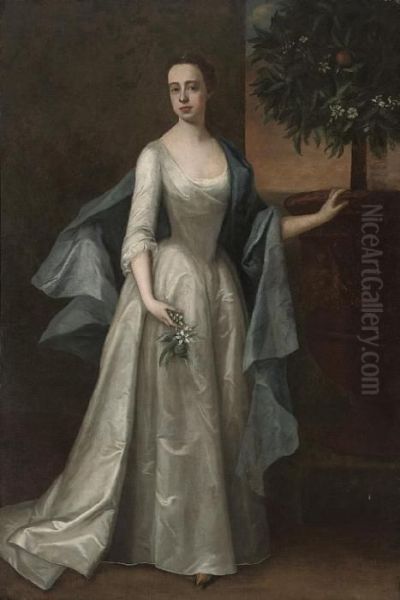 Portrait Of A Lady, Full-length,
 In An Oyster Satin Dress And Blue Wrap, A Sprig Of Orange Blossom In 
Her Right Hand, In An Interior, An Orange Tree Beyond Oil Painting by Michael Dahl