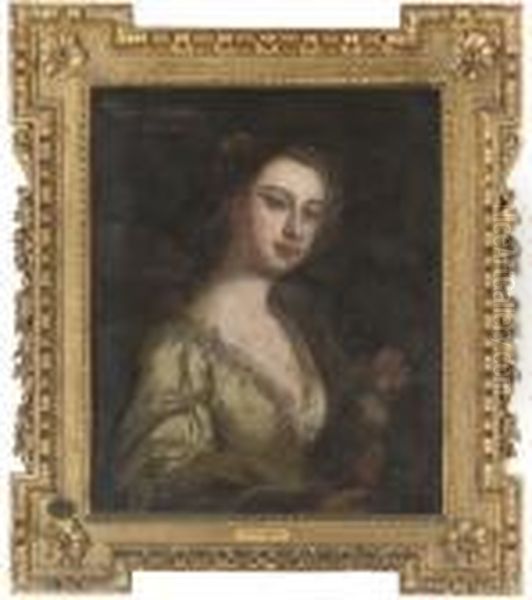 Portrait Of Elizabeth Wyndham 
(d.1769), Half-length, In A Green Dress With Lace Trim, Holding Some 
Flowers Oil Painting by Michael Dahl