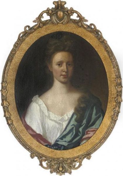 Portrait Of A Lady, Bust-length, In A White Dress With A Blue And Red Wrap Oil Painting by Michael Dahl