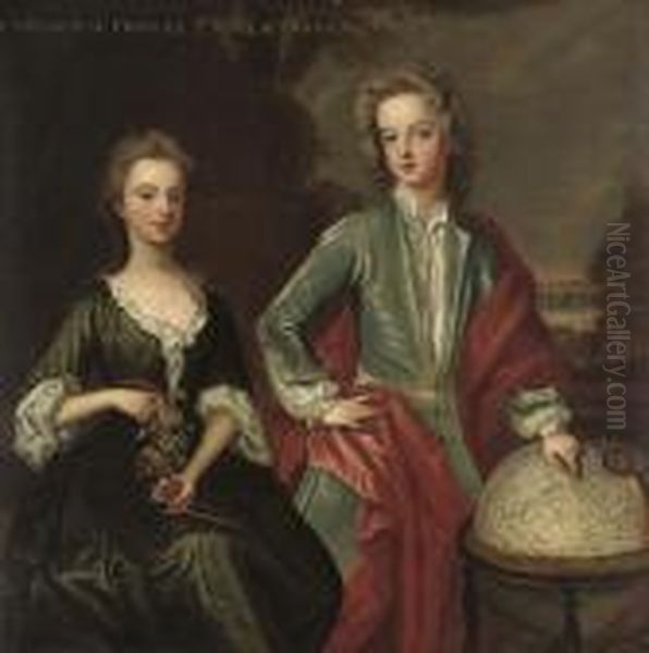 Double Portrait Of The Children 
Of Francis, 2nd Earl Of Godolphin (1678-1766), Three-quarter-length, She
 Seated, In A Green Dress, With A Garland Of Flowers, He Standing, With 
His Hand Resting On A Globe Pointing At England, A Landscape Beyond Oil Painting by Michael Dahl