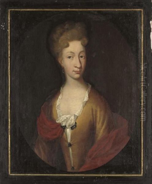 Portrait Of Margaret Catherine 
Rosenkrantz, Quarter-length, In A Yellow Dress With Lace Trim And A Red 
Wrap Oil Painting by Michael Dahl