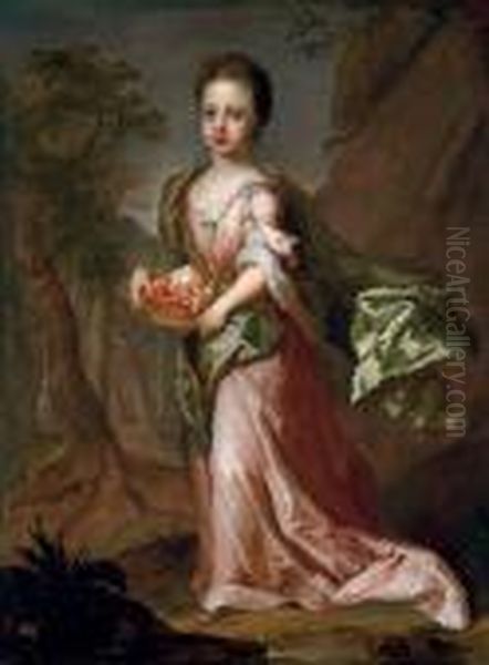 Portrait Of A Young Girl, 
Traditionally Identified As Eleonora Leijoncrona, Full-length, In A Pink
 Dress And Green Shawl, Holding A Basket Of Peaches And Cherries, An 
Extensive Landscape Beyond Oil Painting by Michael Dahl