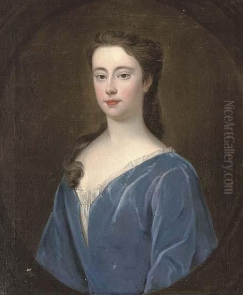 Portrait Of A Lady, 
Traditionally Identified As Mary Holt Of Castleton (1691-1749) Later Mrs
 Chetham, Bust-length, In A Blue Velvet Dress, In A Sculpted Cartouche Oil Painting by Michael Dahl