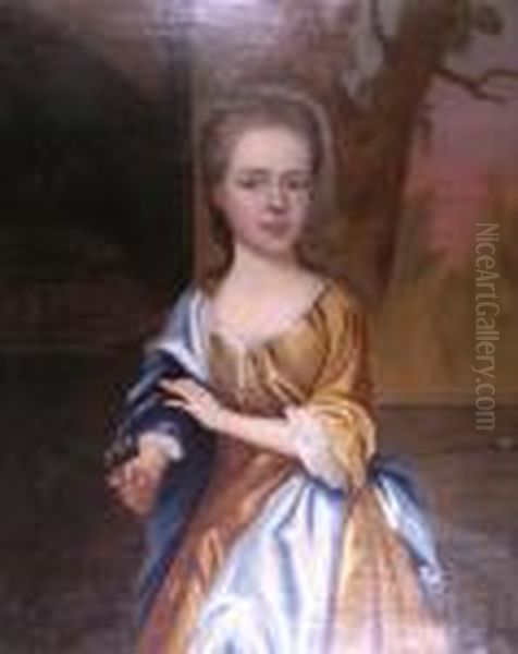 Portrait Of A Young Girl Wearing Yellow Dress With Blue Sash, A Landscape Beyond Oil Painting by Michael Dahl